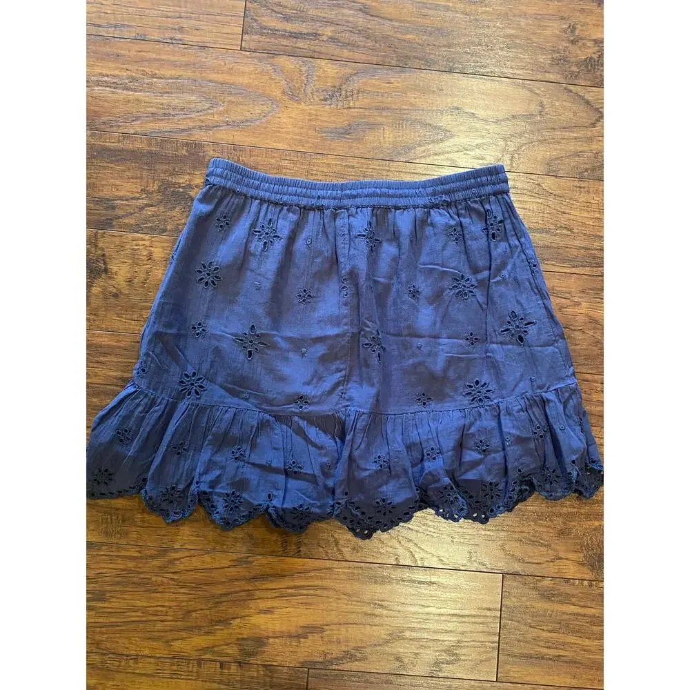 AERIE Skirt Navy Blue Ruffle Eyelet Lace Elastic Tie Waist Size M - Picture 2 of 6